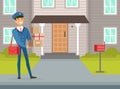 Postman Delivering Parcels at Home, Mailman in Blue Uniform Delivering Mails and Packagings to Customers, Delivery