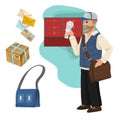 Postman delivers mail. Professions, character and items for his work. Children education. Exercise for preschoolers Royalty Free Stock Photo