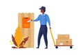 Postman delivers mail. Cartoon postal worker throwing letters into mailbox. Man carrying cart with parcels. Courier in