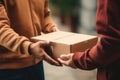 Postman Delivery concept, Delivery man hands giving cardboard package to another hand, AI Generative