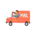 Postman Driving Red Mail Truck Smiling