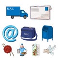 Postman, envelope, mail box and other attributes of postal service.Mail and postman set collection icons in cartoon Royalty Free Stock Photo