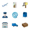 Postman, envelope, mail box and other attributes of postal service.Mail and postman set collection icons in cartoon Royalty Free Stock Photo