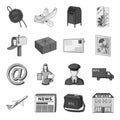 Postman, envelope, mail box and other attributes of postal service.Mail and postman set collection icons in monochrome Royalty Free Stock Photo