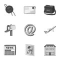 Postman, envelope, mail box and other attributes of postal service.Mail and postman set collection icons in monochrome Royalty Free Stock Photo