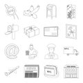 Postman, envelope, mail box and other attributes of postal service.Mail and postman set collection icons in outline Royalty Free Stock Photo