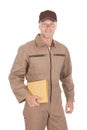 Postman Holding Envelopes Over White Background