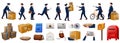 Postman icons set cartoon vector. Mailman carrier Royalty Free Stock Photo