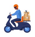 Postman riding motorbike. City transport, man rides scooter in helmet with parcel. Modern vehicles, motorcyclist in