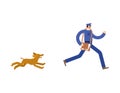 Postman run away from dog. Mailman Running away from pet Royalty Free Stock Photo