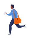 Postman run with letter. Mailman in blue uniform and big bag delivering letters, envelope message and parcel express