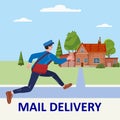 Postman running with bag delivering letter in envelope for house to address. Mailman in uniform carrying mail, delivery Royalty Free Stock Photo