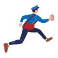 Postman running with bag delivering letter in envelope. Mailman in uniform carrying mail, delivery service. Vector Royalty Free Stock Photo