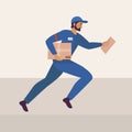 The postman runs and holds the parcel and letter in a blue uniform. Delivery service is fast. Vector illustration modern