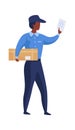 Postman shipping parcel. Cartoon mailman brings letters and boxes. Courier deliveries correspondence. Post office worker