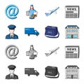 The postman in uniform, mail machine, bag for correspondence, postal office.Mail and postman set collection icons in