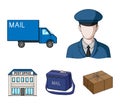 The postman in uniform, mail machine, bag for correspondence, postal office.Mail and postman set collection icons in