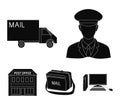 The postman in uniform, mail machine, bag for correspondence, postal office.Mail and postman set collection icons in