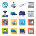 The postman in uniform, mail machine, bag for correspondence, postal office.Mail and postman set collection icons in