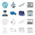 The postman in uniform, mail machine, bag for correspondence, postal office.Mail and postman set collection icons in
