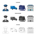 The postman in uniform, mail machine, bag for correspondence, postal office.Mail and postman set collection icons in