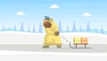 Postman Wearing Sheepskin Coat Delivering Mail on Sled on Beautiful Winter Landscape Vector Illustration