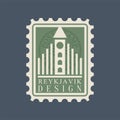 Postmark with famous landmark of Reykjavik - Hallgrimskirkja. Flat vector symbol of largest church in Iceland