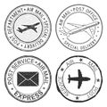 Postmarks with airplane and envelope symbols. Black ink postal stamps Royalty Free Stock Photo