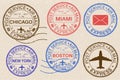 Postmarks. Collection of ink stamps on beige background Royalty Free Stock Photo