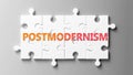 Postmodernism complex like a puzzle - pictured as word Postmodernism on a puzzle pieces to show that Postmodernism can be