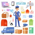 Postoffice vector postman delivers mails in postbox or mailbox and post character carries mailed letters in letterbox Royalty Free Stock Photo