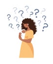 Postpartum depression concept illustration. A black woman hugs a child and thinks, question marks around. Flat vector