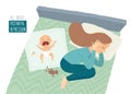 Postpartum depression. Postnatal depression. Depressed young woman lying on the bed with a crying baby.