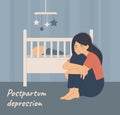 Postpartum depression, tired woman sits near baby