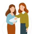 Postpartum depression. A woman is crying and holding a crying baby. Maternity crisis. The girl supports her friend