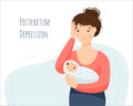 Postpartum depression. A woman is crying and holding a crying baby. Maternity crisis.