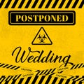 Postponed wedding card with Biohazard sign and striped caution tape. Yellow black grunge textured background. Coronavirus COVID-19