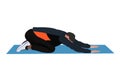 Postural gymnastics exercise. The illustration shows a man on a mat performing a stretching exercise