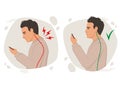 Posture man vector illustration, incorrect head angle using phone, bad posture, backache, Shoulder pain, curvature of