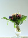 Posy of colourful flowers displayed in a small glass vase.