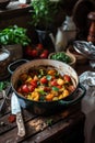 Pot with baked season vegetables