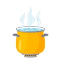 Pot with boil water. Pan with soup. Icon of cook food. Saucepan with hot steam on stove with fire. Flat cartoon cooking