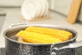 Pot with boiling fresh corn in kitchen Royalty Free Stock Photo