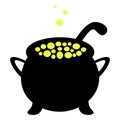 A pot of boiling potion. Silhouette. Bubbles of yellow color fly upwards. Vector illustration. Isolated white background.