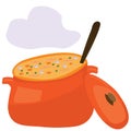 Pot with boiling soup and spoon tail and steam graphic