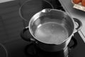 Pot with boiling water on electric stove in kitchen Royalty Free Stock Photo