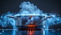 A pot of boiling water emits steam and bubbles, with a dynamic play of light and vapor on a dark background Royalty Free Stock Photo