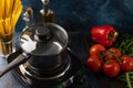 The pot with a boiling water on the gas stove on dark background. Backstage of preparing tasty dinner. Professional kitchen table Royalty Free Stock Photo