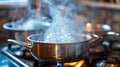 A pot of boiling water on a stove with steam coming out, AI Royalty Free Stock Photo