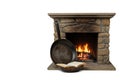 A pot and a book by the burning fireplace. Space for text. Royalty Free Stock Photo